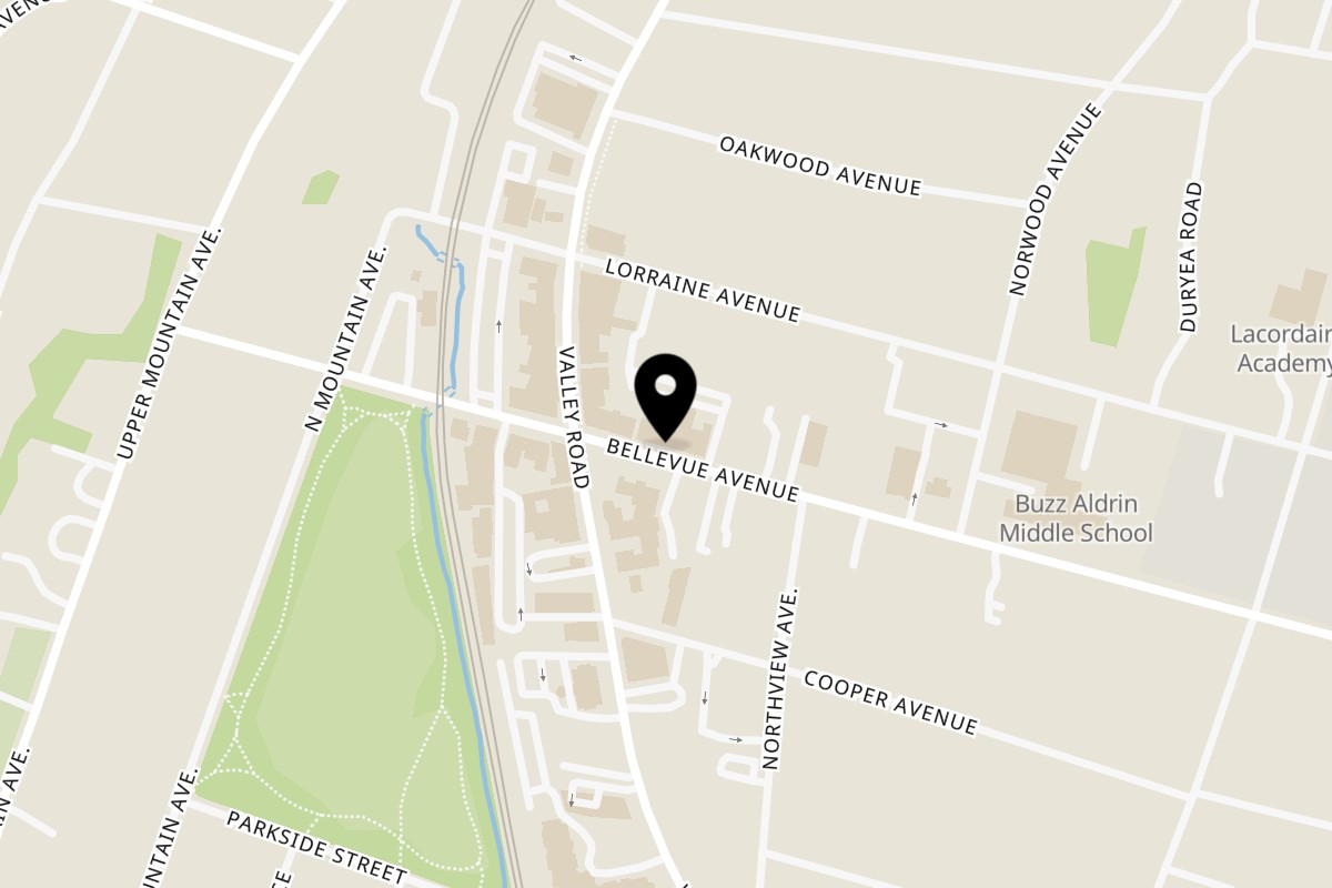 Map showing the location of Falafel Hut on 213 Bellevue Avenue in Montclair